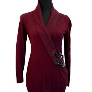 INC maroon Burgundy wrap faux leather buckle sweater Sz S